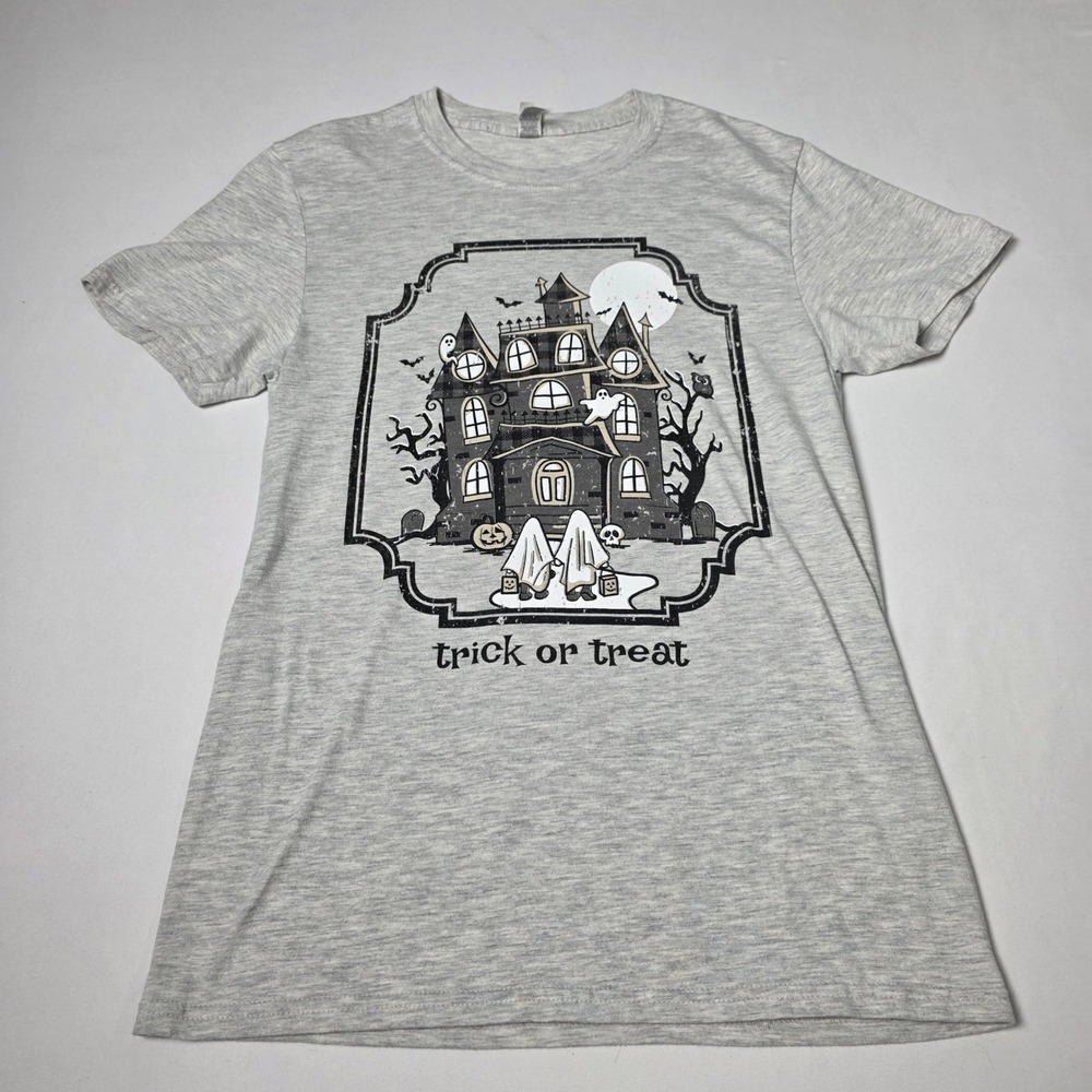 Jerzees Graphic Halloween‎ Tee-shirt Women S Grey Trick or Treat Haunted House